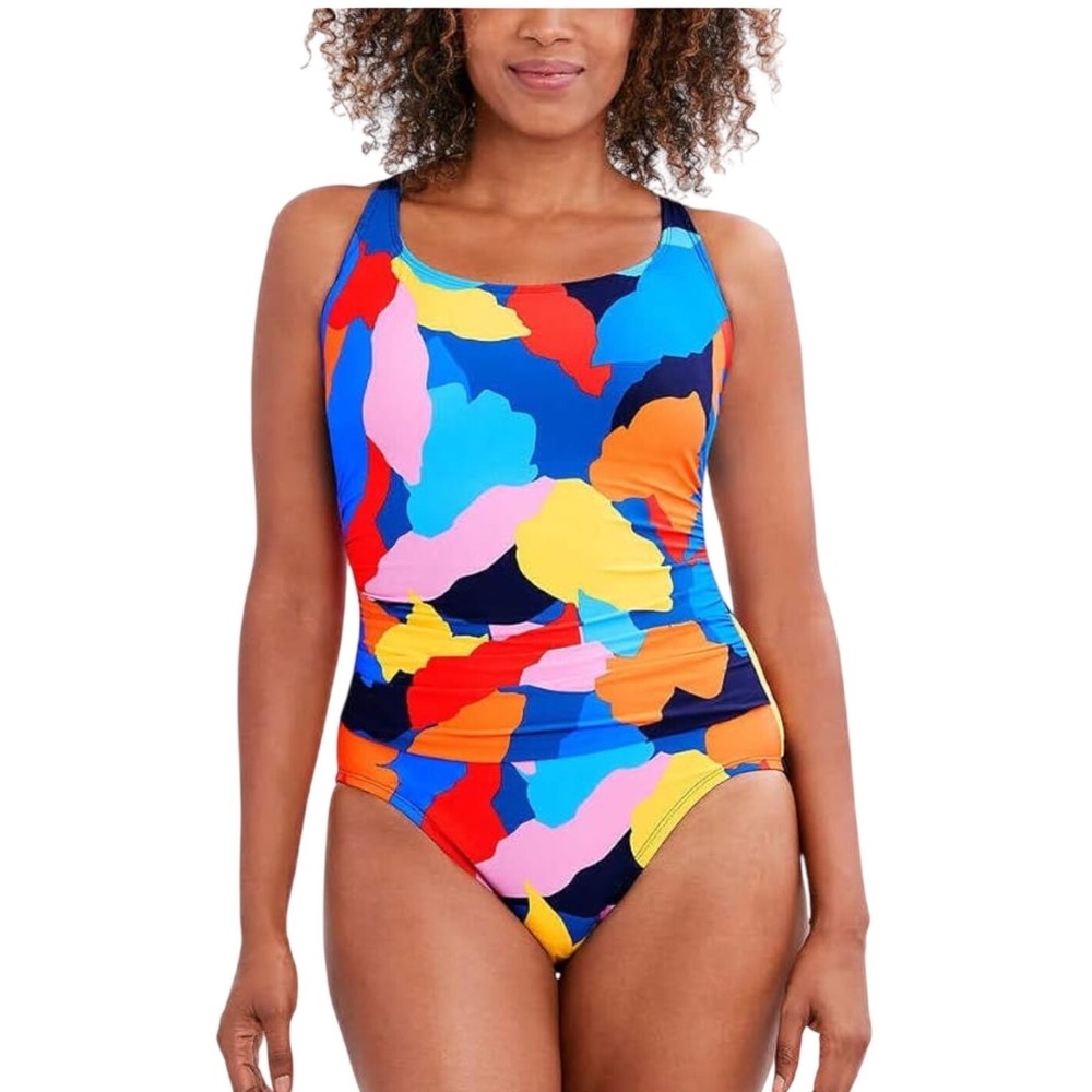 Nautica NWT One Piece Swimsuit Small Colorful Abstract Ruched Tummy Control